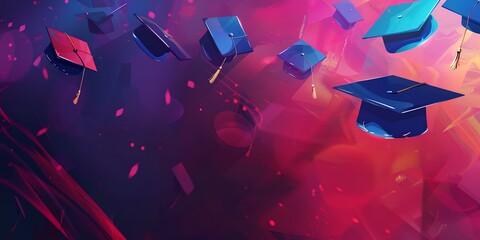 Poster - a graduation cap floating in the air with other graduation caps around on a purple and pink background