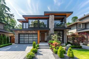 Canvas Print - a modern house with a large driveway and landscaping area in front of it and a stone walkway leading to the front door