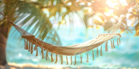 Wall Mural - a hammock hanging from a palm tree on a sunny day with the sun shining through the leaves