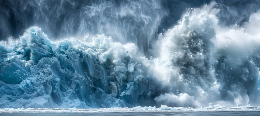 A dramatic view of a glacier calving into the ocean, with huge chunks of ice plunging into the water creating a dynamic scene