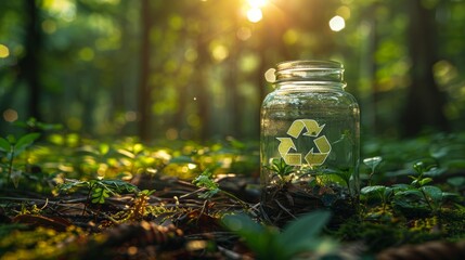 Sticker - Glass jar with recycling symbol in sunlit forest