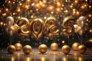 Wall Mural - The banner. Happy New Year. Large balloons made of gold foil with the number 2025. Beautiful bokeh, glitter, sequins, Christmas balls. The concept of a party and a New Year's eve.