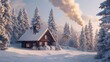 A cozy cabin nestled in a snowy forest, smoke curling from the chimney into the crisp air.