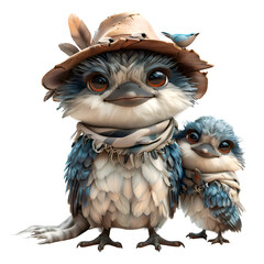 Wall Mural - A 3D animated cartoon render of a rescuer kookaburra carrying a family to safety.