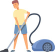 Boy cleaning with vacuum cleaner icon cartoon vector. Room work. Home routine