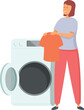 Mom put clothes in washing machine icon cartoon vector. Work house. Person daily activity