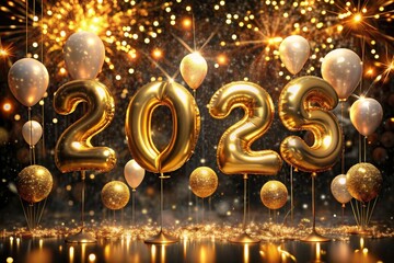 Wall Mural - The banner. Happy New Year. Large balloons made of gold foil with the number 2025. Beautiful bokeh, glitter, sequins, Christmas balls. The concept of a party and a New Year's eve.