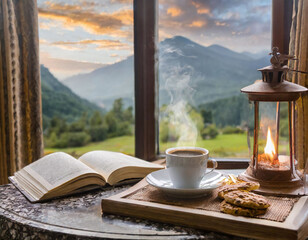 cozy reading coffee in a cabin