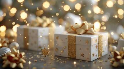 Wall Mural - Gift boxes with golden bow on bokeh background, closeup