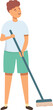 Boy cleaning with mop icon cartoon vector. Room routine. Service work