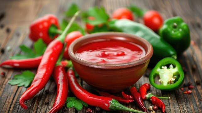 Photo of red sauce made from vegetable ingredients, hot pepper and jalapeno, parsley and tomatoes