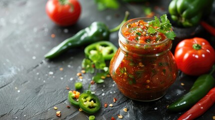 Wall Mural - A glass jar with a spicy homemade sauce of tomatoes, red pepper, jalapeno and herbs