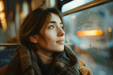 A young woman looking out the window of a train at dawn on her commute to work 