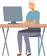 Senior man working at computer icon cartoon vector. Internet work. Male modern online