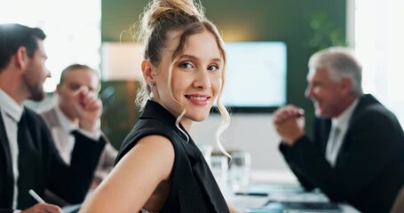 Poster - Office, corporate and face of business woman with team for meeting, planning and feedback ideas. Professional, intern and portrait of person in boardroom with company pride, confidence and career
