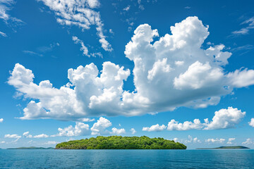 Wall Mural - An image showcasing the clear blue sky above Heart Island, with fluffy white clouds adding to its charm.