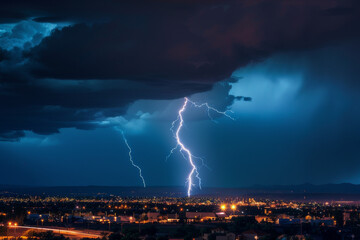 Wall Mural - the moment a lightning bolt strikes in an urban environment, illuminating a cityscape at night - gen
