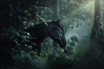 Wall Mural - a black horse emerging from the shadows of an enchanted forest, focusing on the mystical and etherea