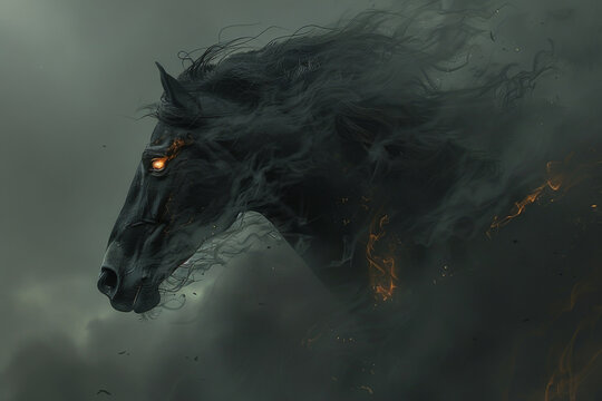 An image depicting a black horse in a context that highlights its significance in mythology or folklore, possibly as a mount for a dark knight or a creature with magical abilities - Generative AI