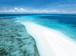Aerial view of Nakupenda island, sandbank in ocean, empty white sandy beach, blue sea in low tide at sunny summer day in Zanzibar. Top view of sand spit, clear water, people, sky with clouds. Tropical