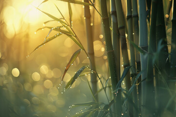 Wall Mural - the ethereal beauty of a bamboo grove at sunrise, with the early light casting a warm glow on the de
