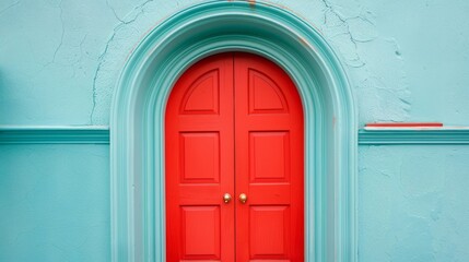 A bright red arched door set within a vibrant teal wall.