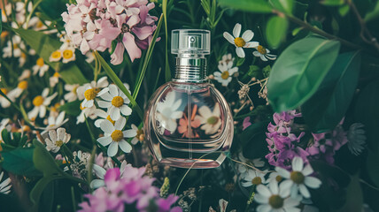 Wall Mural - Perfume bottle in flowers, fragrance on blooming background, floral scent and cosmetic product idea