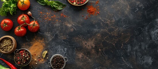 Wall Mural - Table set up for cooking with spices and vegetables in the background, viewed from above. Area available for your own text.