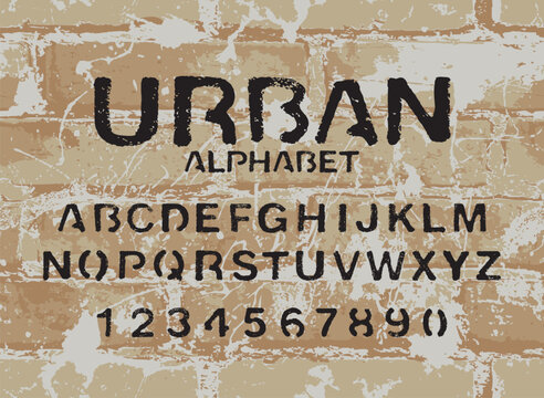 set of letters and numbers of the latin alphabet. Font urban stencil with in grunge style ander brick wall background