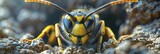 Fototapeta  - Explore detailed hyperreal images capturing a wasp inspecting its nest in close-up macro photography, ideal for enhancing home security.