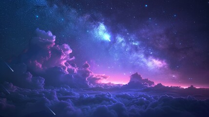 Poster - A magnificent view of the starry night sky with a stunning purple and blue cloudscape, imbued with a sense of wonder