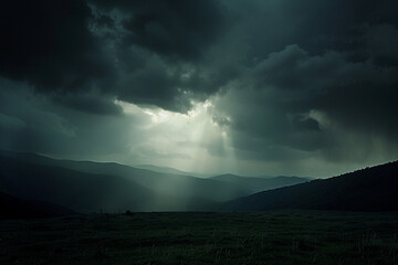 Wall Mural - Dark storm clouds obscuring the sun, casting an eerie light over the landscape.