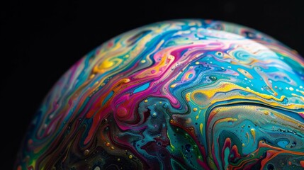Poster - The close-up macro image shows the vibrant, swirling colors and patterns on a soap bubble surface, giving a psychedelic effect