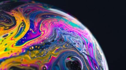 Poster - Abstract macro shot capturing the vivid colors and swirling patterns of a liquid bubble, resembling a cosmic galaxy