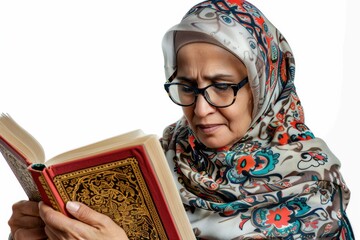 An attentive Muslim woman in a colorful hijab engrossed in reading an ornate book