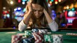 A woman appears troubled and stressed during a poker game in a casino setting, surrounded by chips and cards