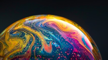 Aufkleber - A stunning close-up of a swirling soap bubble exhibiting a delightful spectrum of colors against a black backdrop