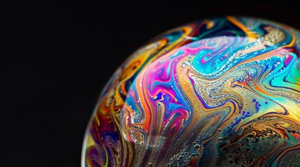 Poster - This image captures the intricate patterns and vibrant colors of a soap bubble against a dark background, highlighting the beauty of fluid dynamics