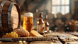 
Beer's in oak beer barrel and brie de meux, epoisse, comte background with copy space for text, front view. world beer day background with copy space for text. brown table background 3d rendering 4k 