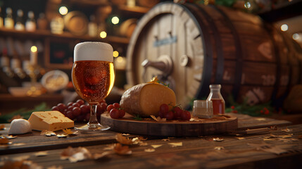 Wall Mural - 
Beer's in oak beer barrel and brie de meux, epoisse, comte background with copy space for text, front view. world beer day background with copy space for text. brown table background 3d rendering 4k 