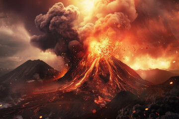 Wall Mural - an image showcasing the dramatic and powerful explosion of a volcano, with lava spewing into the air