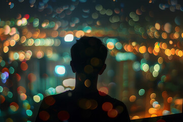 Wall Mural - an image showcasing the view of city lights at night through the eyes of a drunk and depressed man, 