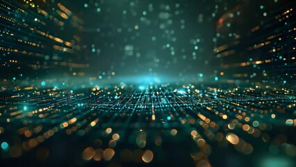 Fototapete - A visually striking abstract background in blue and black hues, featuring mesmerizing lights and golden particles.