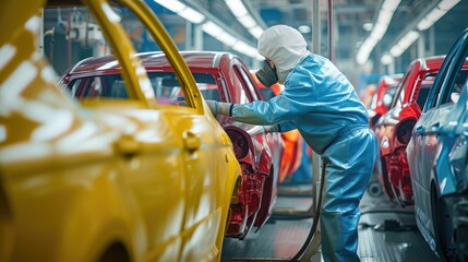 Poster - A man is working on a car in a factory, focusing on tires, wheels, automotive lighting, and design. AIG41