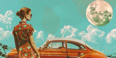 Woman with vintage car on the beach. Contemporary art collage. Summer vacation and road trip concept. Retro aesthetics, vintage. Design for poster, print, wallpaper