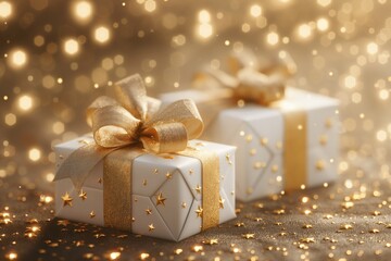 Wall Mural - Gift boxes with golden bow on bokeh background, closeup