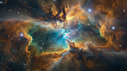 Poster - An extraordinary scene of the galactic core surrounded by interstellar clouds, showcasing a vibrant fusion of color and light