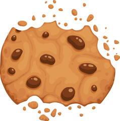 Bitten chocolate chip cookie. Crunch homemade brown biscuit broken with crumbs. Cartoon baked round choco cookie bite animation vector. Illustration animation disappear choco crumb piece bakery