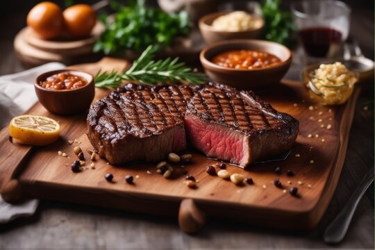 medium rare ribeye steak wooden board selected focus beef meat fillet filet food meal dinner grilled cooked roasted fried rosemary pepper salt wood slice brown delicious tasty juicy epicure table fat'