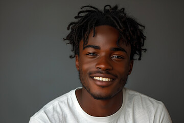 Wall Mural - Black male model with dreadlocks smiling directly against plain grey background, copy space
